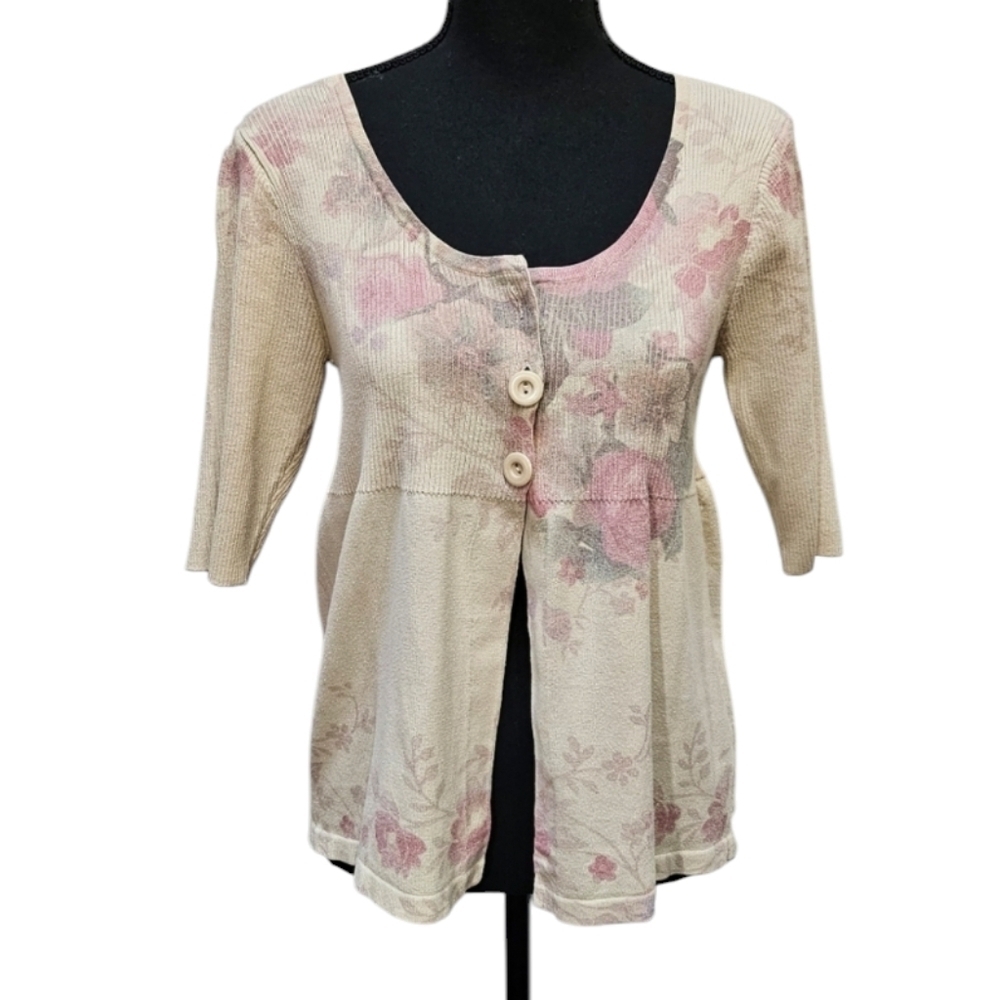 Tan & Pink floral Open Bottom Empire Waist 55%Cotton 45% Polyester Sweater Sz M